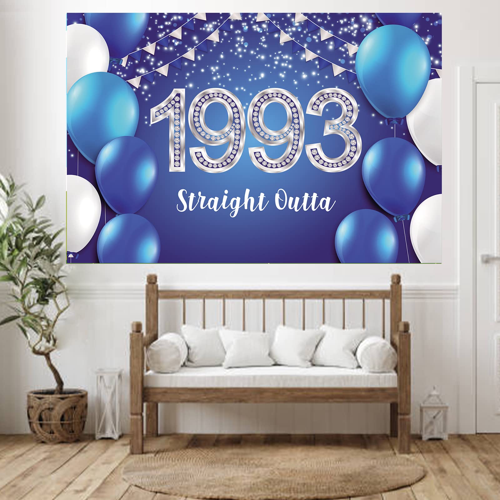 Straight Outta 1993 Happy 30th Birthday Banner Backdrop Blue Confetti Balloons Cheers to 30 Years Old Theme Decor Decorations for Men Women 30th Birthday Party Bday Supplies Glitter