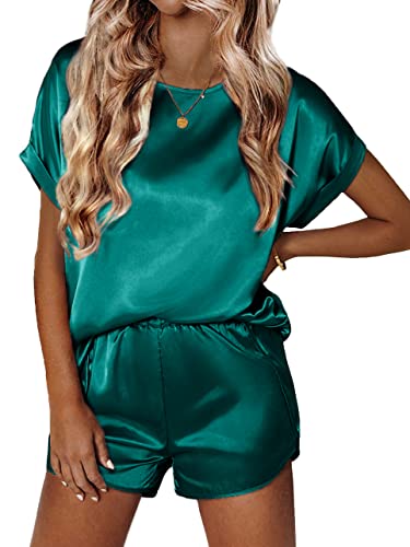 Ekouaer Silk Pajamas for Women Short Sleeve Satin Pj Set 2 Piece Summer Loungewear(Green,Medium)