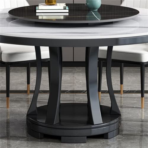 LAKIQ Modern Round Dining Table with Lazy Susan Slate Stone Table Top with Wood Base Pedestal Dining Table Luxury Style Kitchen Dining Table-Table Only(White,59.1" L x 59.1" W x 29.5" H)