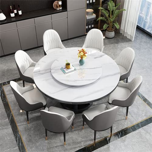 LAKIQ Modern Round Dining Table with Lazy Susan Slate Stone Table Top with Wood Base Pedestal Dining Table Luxury Style Kitchen Dining Table-Table Only(White,59.1" L x 59.1" W x 29.5" H)