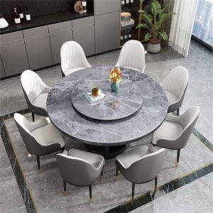 LAKIQ Modern Round Dining Table with Lazy Susan Slate Stone Table Top with Wood Base Pedestal Dining Table Luxury Style Kitchen Dining Table-Table Only(White,59.1" L x 59.1" W x 29.5" H)