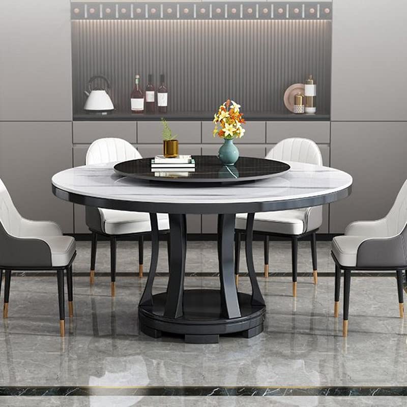 LAKIQ Modern Round Dining Table with Lazy Susan Slate Stone Table Top with Wood Base Pedestal Dining Table Luxury Style Kitchen Dining Table-Table Only(White,59.1" L x 59.1" W x 29.5" H)