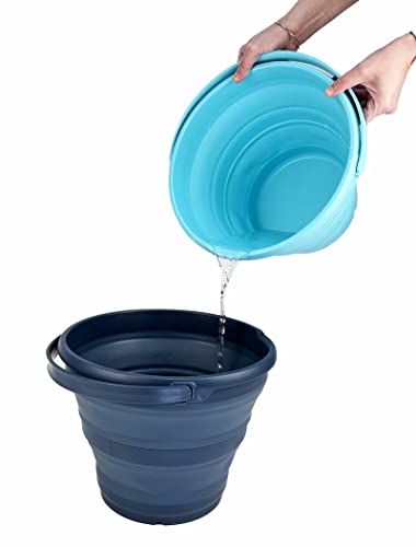 SAMMART 10L (2.6 Gallon) Collapsible Plastic Bucket - Foldable Round Tub - Portable Fishing Water Pail - Space Saving Outdoor Waterpot, Size 33cm Dia (Leaf Blue (Set of 2))