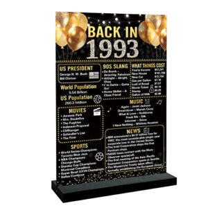trgowaul 30th birthday decorations for him, black gold back in 1993 birthday poster acrylic table sign with stand, 30 birthday anniversary decor gifts men, vintage 1993 30 years ago poster for women
