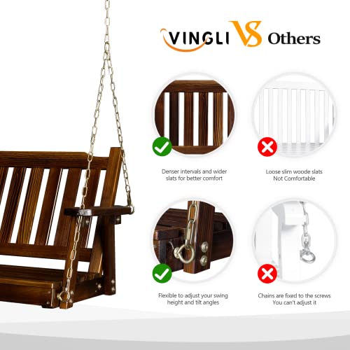 VINGLI Heavy Duty 880 LBS 4 FT Patio Wooden Porch Swing with Upgraded Adjustable Chains, Outdoor Handing Swing Bench for Garden, Yard, Balcony (Rustic Brown)