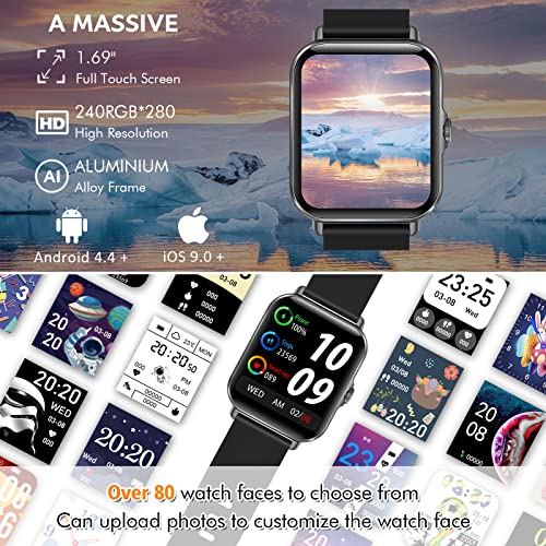 Smart Watch(Make/Answer Call), 2023 New Fitness Watch with Heart Rate Blood Pressure Monitor IP67 Waterproof Bluetooth Phone Watch 1.69" Touch Screen Smartwatch for Android iOS Phones Men Women Black