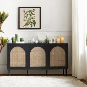 hulala home farmhouse sideboard buffet cabinet with 3 rattan doors and 3 shelves, kitchen storage cabinet with solid wood legs, console table accent cabinet for living room dining room entrywa, black