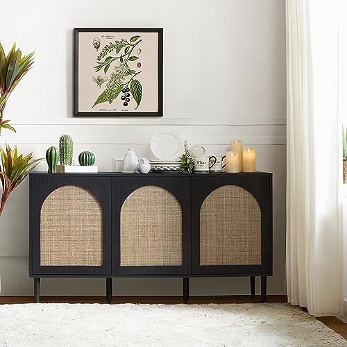 HULALA HOME Farmhouse Sideboard Buffet Cabinet with 3 Rattan Doors and 3 Shelves, Kitchen Storage Cabinet with Solid Wood Legs, Console Table Accent Cabinet for Living Room Dining Room Entrywa, Black