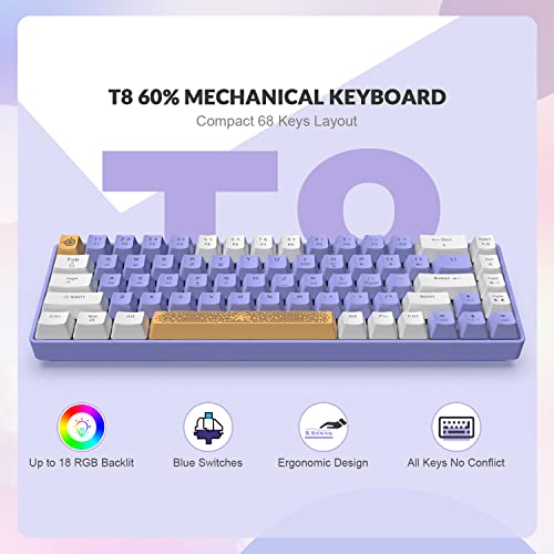 ZIYOU LANG RK-T8 Wired 65% Mechanical Gaming Keyboard with RGB LED Backlit Anti-ghosting TKL Mini 68 Key Custom Coiled C to A Cable Tactile Blue Switch for PS4 PS5 Xbox PC Mac Gamer(White Purple)