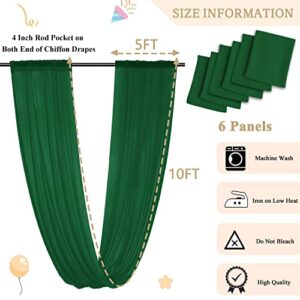 MODFUNS Wedding Ceiling Draping Emerald Green Chiffon Arch Drapes Fabric 6 Panels 5FTx10FT Sheer Backdrop Curtains for Weddings Bed Canopy Arch Drapery Decorations for Ceremony Events Swag Archway