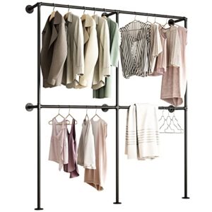 bosuru industrial pipe clothing rack wall mounted,clothes racks with double hanging rods for closet storage(black)