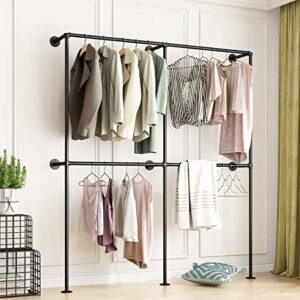 BOSURU Industrial Pipe Clothing Rack Wall Mounted,Clothes Racks with Double Hanging Rods for Closet Storage(Black)