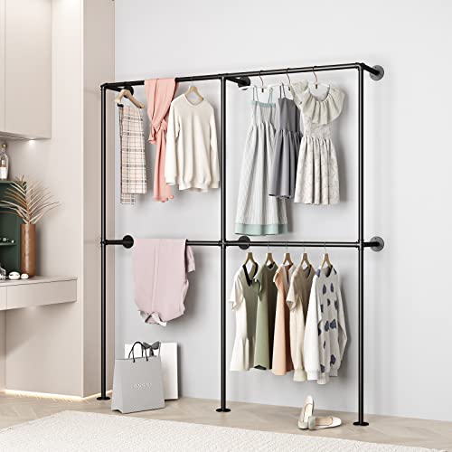 BOSURU Industrial Pipe Clothing Rack Wall Mounted,Clothes Racks with Double Hanging Rods for Closet Storage(Black)