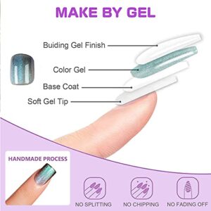 Cat Eyes Press on Nails Short Aurora Green Gradient Fake Nails Square Glitter Bling Acrylic False Nails with Nail Glues Coffin Full Cover Stick on Nails Glossy Glue on Nails for Women