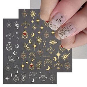 3 sheets nail art stickers decals gold sun moon star stripe line nail decals self-adhesive heart nail art supplies for nail diy decoration 3d adhesive nail accessories for women french nail design