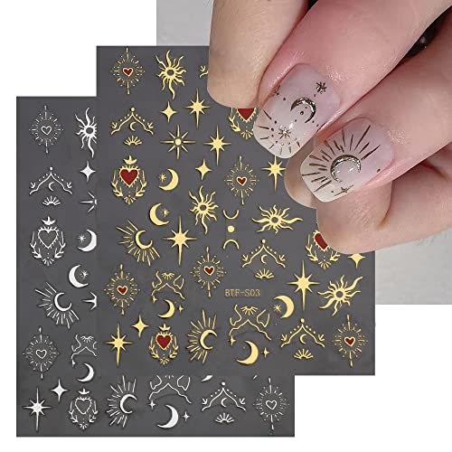 3 Sheets Nail Art Stickers Decals Gold Sun Moon Star Stripe Line Nail Decals Self-Adhesive Heart Nail Art Supplies for Nail DIY Decoration 3D Adhesive Nail Accessories for Women French Nail Design