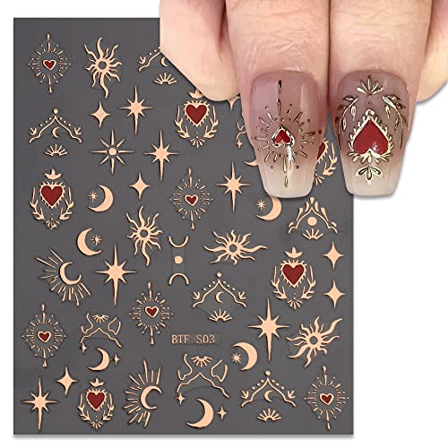 3 Sheets Nail Art Stickers Decals Gold Sun Moon Star Stripe Line Nail Decals Self-Adhesive Heart Nail Art Supplies for Nail DIY Decoration 3D Adhesive Nail Accessories for Women French Nail Design