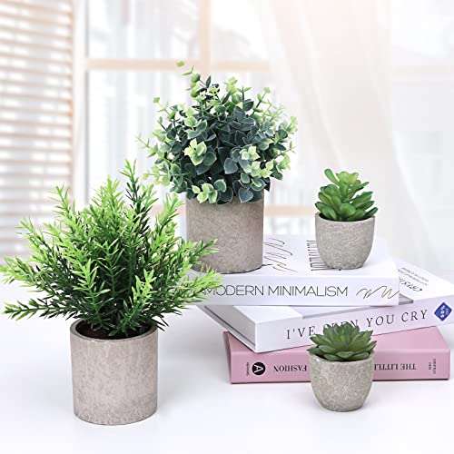 CEWOR 4 Pack Small Fake Plants Eucalyptus Rosemary Succulents Plants Artificial in Pots for Shelf Artificial Greenery Eucalyptus Plant Indoor for Home Bedroom Living Room Decoration