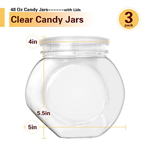 Woozettn Candy Jars with Lids,3 Pack-48 Oz Plastic Candy Jars Clear Cookie Container,Perfect Canister Container for Wedding & Home Décor Centerpiece,Decorative Kitchen Storage Jar