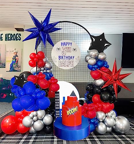 Blue Red Black Balloons Garland Arch Kit 130PCS with Large Starburs mylar balloons for Spider Theme kid birthday Party Man Superhero inspired Decortions