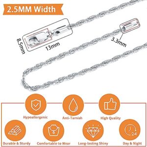 Andsion 925 Sterling Silver Chain Lobster Clasp Rope Chain Necklace for Women Men Boys, 2.5MM Silver Chain for Women, Shiny & Sturdy Womens Chain Necklace 18 Inches