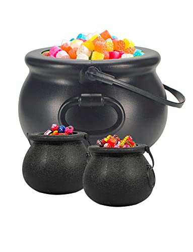 Cauldron Halloween Decor, Black Plastic Witches Cauldron Kettle Medium Size 8” x1, Small Size 2 ½ ” x7，Party Supplies