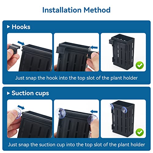 Upgraded Aquarium Plant Holder with Hooks and Suction Cups for Fish Tank Aquaponic Plant Cultivation and Aquascape Decorations (Black)