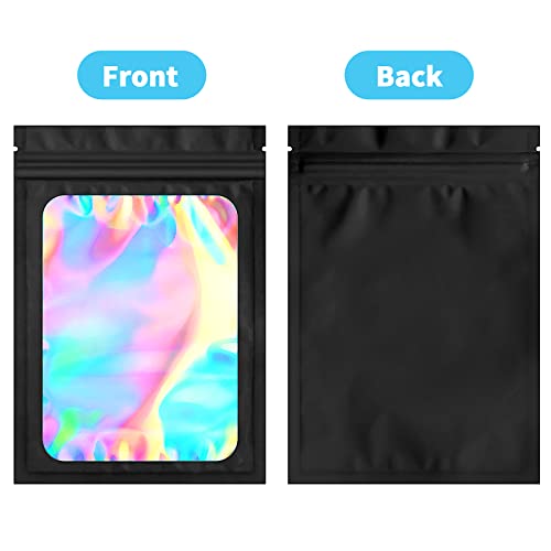 100 pack mylar bags holographic smell proof packaging bag for small bussiness resealable zipper sealable pouch bags sample, jewelry, lipgloss, food,soap,electronic supplies（3×5 inch,black）