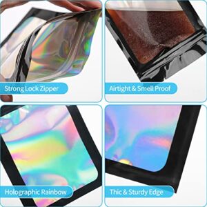 100 pack mylar bags holographic smell proof packaging bag for small bussiness resealable zipper sealable pouch bags sample, jewelry, lipgloss, food,soap,electronic supplies（3×5 inch,black）