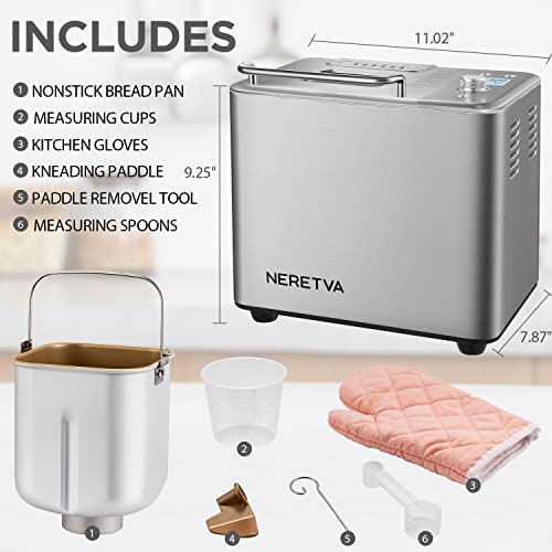 Neretva 20-in-1 2LB Bread Maker Machine with Gluten Free Pizza Sourdough Setting, Digital, Programmable, 1 Hour Keep Warm, 2 Loaf Sizes, 3 Crust Colors - Receipe Booked Included (Silver)