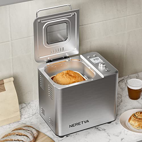 Neretva 20-in-1 2LB Bread Maker Machine with Gluten Free Pizza Sourdough Setting, Digital, Programmable, 1 Hour Keep Warm, 2 Loaf Sizes, 3 Crust Colors - Receipe Booked Included (Silver)