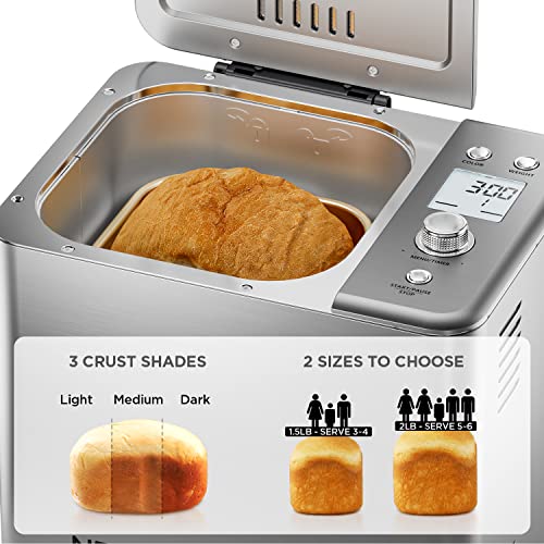 Neretva 20-in-1 2LB Bread Maker Machine with Gluten Free Pizza Sourdough Setting, Digital, Programmable, 1 Hour Keep Warm, 2 Loaf Sizes, 3 Crust Colors - Receipe Booked Included (Silver)