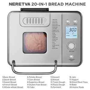 Neretva 20-in-1 2LB Bread Maker Machine with Gluten Free Pizza Sourdough Setting, Digital, Programmable, 1 Hour Keep Warm, 2 Loaf Sizes, 3 Crust Colors - Receipe Booked Included (Silver)