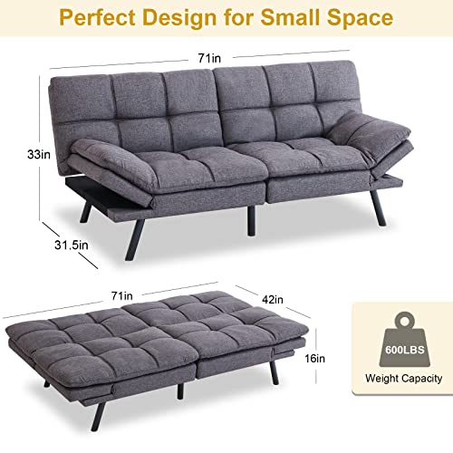 MUUEGM Futon Sofa Bed,Convertible Memory Foam Futon Couch for Small Spaces,Modern Loveseat Sleeper Sofa with Adjustable Armrests for Compact Living Room,Offices,Dorm,Studio/Grey