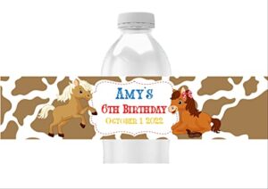 horse personalized water bottle labels, birthday party favors, pack of 25, waterproof, peel and stick wrappers