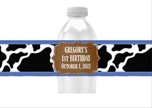 cowhide personalized water bottle labels, birthday party favors, pack of 25, waterproof, peel and stick wrappers (black)
