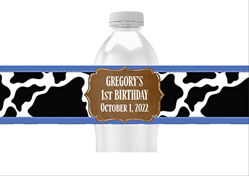 Cowhide Personalized Water Bottle Labels, Birthday Party Favors, Pack of 25, Waterproof, Peel and Stick Wrappers (Black)