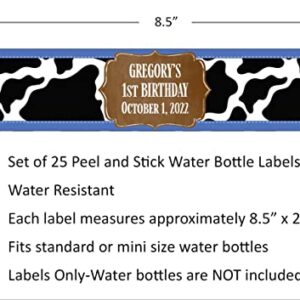 Cowhide Personalized Water Bottle Labels, Birthday Party Favors, Pack of 25, Waterproof, Peel and Stick Wrappers (Black)