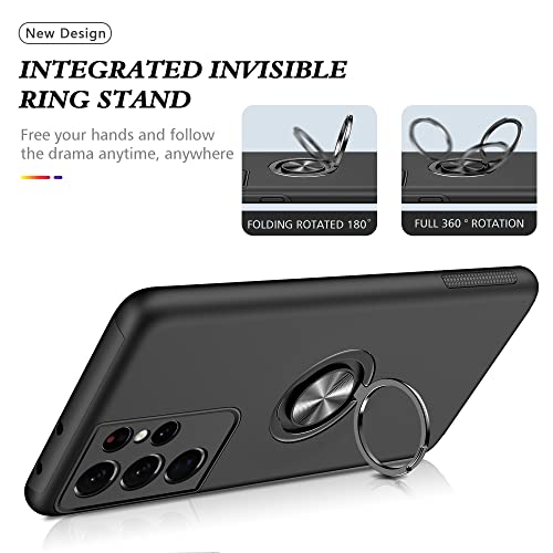 AKINIK for Samsung Galaxy S21 Ultra Case, with Self Healing Flexible TPU Screen Protector 2PCS, Military Grade Double Shockproof Invisible Kickstand Case for Galaxy S21 Ultra (Black)