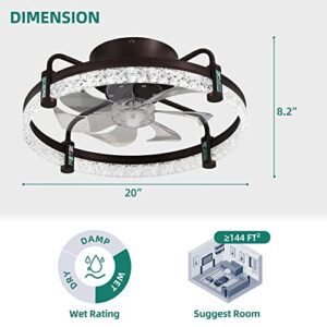 YITAHOME 20" Ceiling Fan with Lights, Low Profile Flush Mount Ceiling fan, Enclosed Bladeless Fan with Quiet Reversible DC Motor, 6 Speeds, for Bedroom,Living Room Kitchen, Indoor, Brown