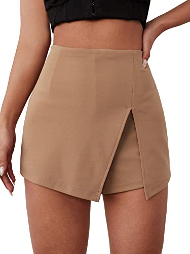 Floerns Women's Solid High Waist Skort Asymmetrical Split Hem Short Skirt Camel M