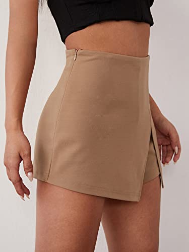 Floerns Women's Solid High Waist Skort Asymmetrical Split Hem Short Skirt Camel M