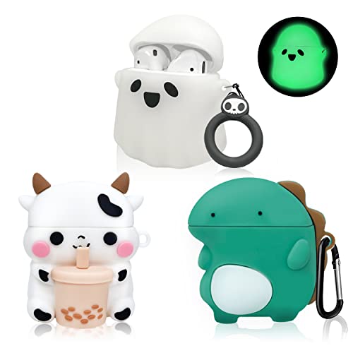 3 Pack Cute Airpod Case for Airpod 2&1,3D Kawaii Cartoon Funny Boba Tea Cow & Glows Ghost Soft Silicone Protective Cover Accessories Skin for Airpods 1&2 Gen Charging Case for Girls Boys Kids Teens