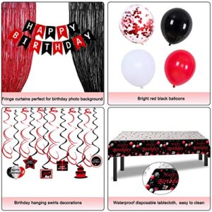 Birthday Decorations Red and Black for Men Women, Happy Birthday Party Decorations for Boys Girls, Red Bday Party Supplies Birthday Tablecloth Balloons Foil Fringe Curtains Hanging Swirls Decor