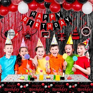 Birthday Decorations Red and Black for Men Women, Happy Birthday Party Decorations for Boys Girls, Red Bday Party Supplies Birthday Tablecloth Balloons Foil Fringe Curtains Hanging Swirls Decor