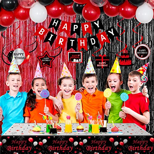 Birthday Decorations Red and Black for Men Women, Happy Birthday Party Decorations for Boys Girls, Red Bday Party Supplies Birthday Tablecloth Balloons Foil Fringe Curtains Hanging Swirls Decor