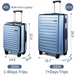 TydeCkare 2 Piece 20/28" Suitcase Sets, Only 20" with Front Pocket, Lightweight ABS+PC Suitcase Hardshell Carry Ons with TSA Lock & Spinner Silent Wheels, Ice Blue