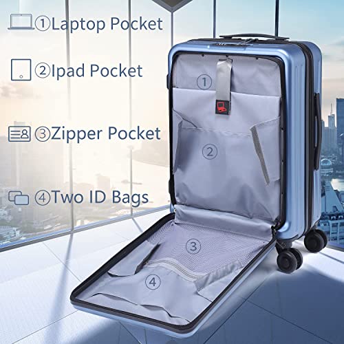 TydeCkare 2 Piece 20/28" Suitcase Sets, Only 20" with Front Pocket, Lightweight ABS+PC Suitcase Hardshell Carry Ons with TSA Lock & Spinner Silent Wheels, Ice Blue