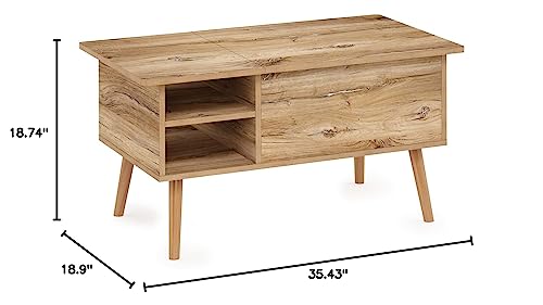 Furinno Jensen Living Room Wooden Leg Lift Top Coffee Table with Hidden Compartment and Side Open Storage Shelf, Flagstaff Oak
