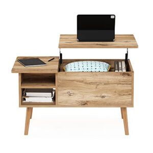 Furinno Jensen Living Room Wooden Leg Lift Top Coffee Table with Hidden Compartment and Side Open Storage Shelf, Flagstaff Oak